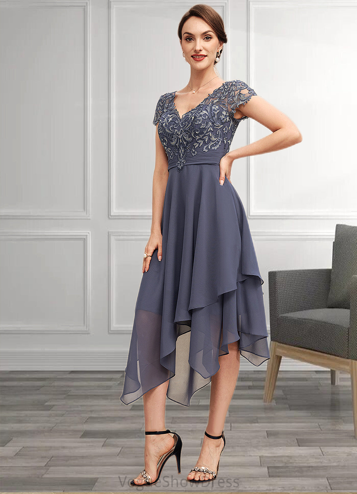 Nora A-Line V-neck Asymmetrical Chiffon Lace Mother of the Bride Dress With Ruffle DL126P0014596