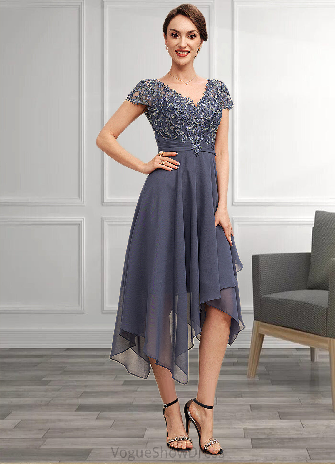 Nora A-Line V-neck Asymmetrical Chiffon Lace Mother of the Bride Dress With Ruffle DL126P0014596