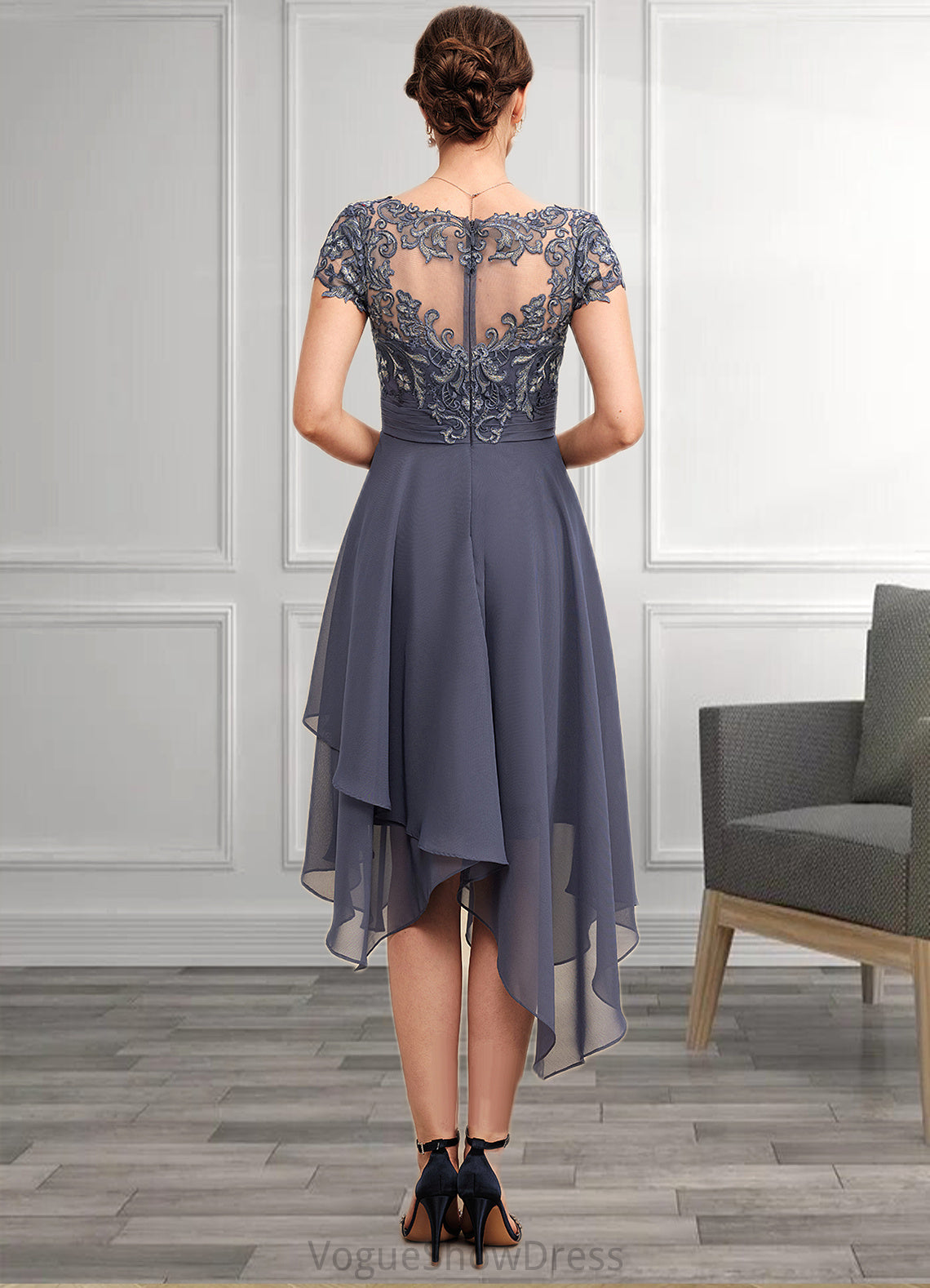 Nora A-Line V-neck Asymmetrical Chiffon Lace Mother of the Bride Dress With Ruffle DL126P0014596