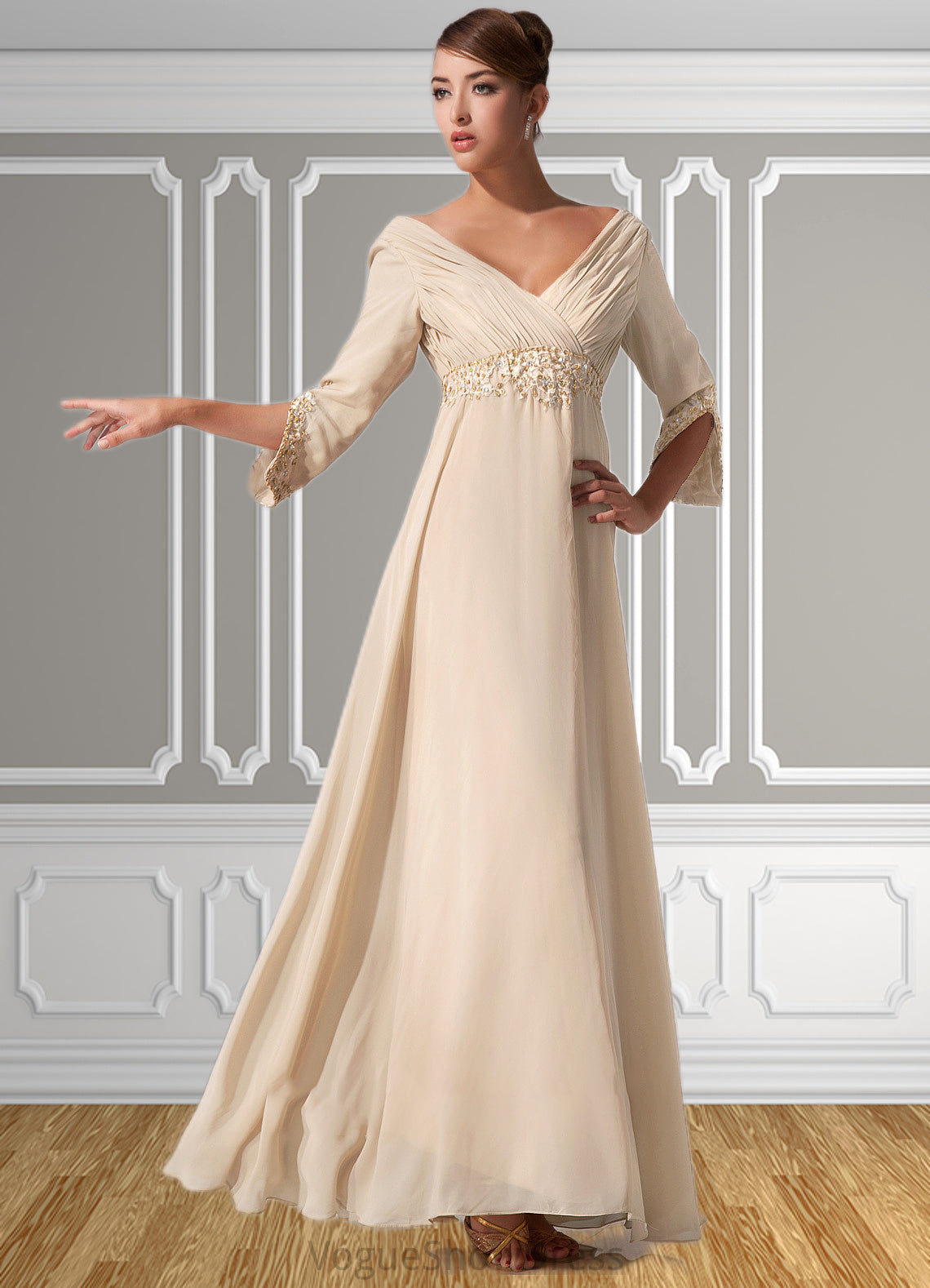 Teagan Empire V-neck Floor-Length Chiffon Mother of the Bride Dress With Ruffle Beading DL126P0014597