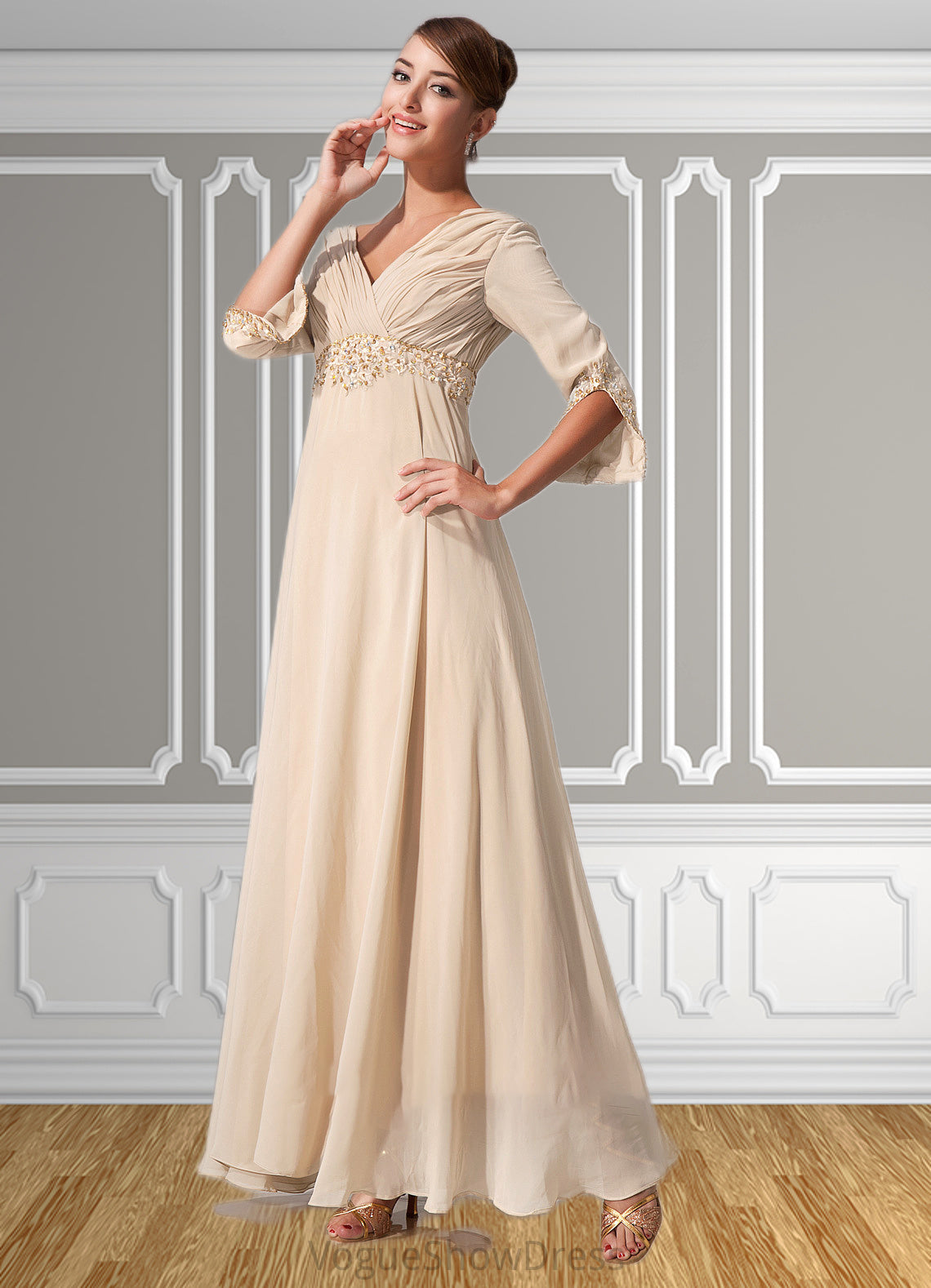 Teagan Empire V-neck Floor-Length Chiffon Mother of the Bride Dress With Ruffle Beading DL126P0014597