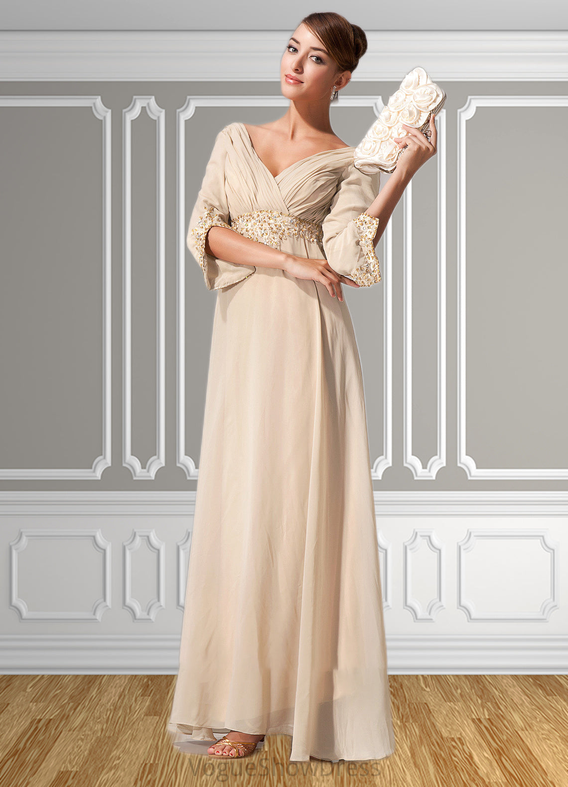 Teagan Empire V-neck Floor-Length Chiffon Mother of the Bride Dress With Ruffle Beading DL126P0014597