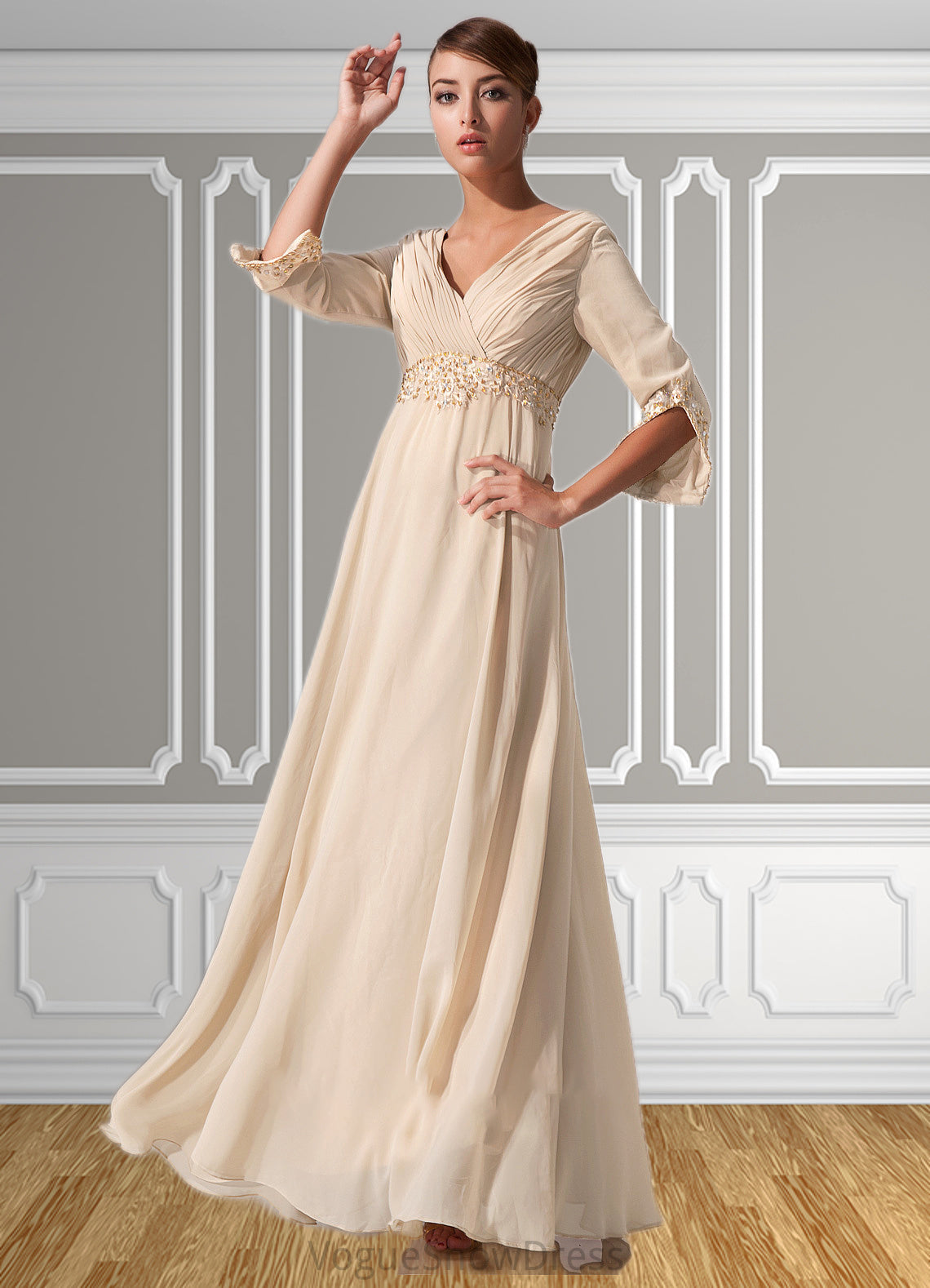 Teagan Empire V-neck Floor-Length Chiffon Mother of the Bride Dress With Ruffle Beading DL126P0014597