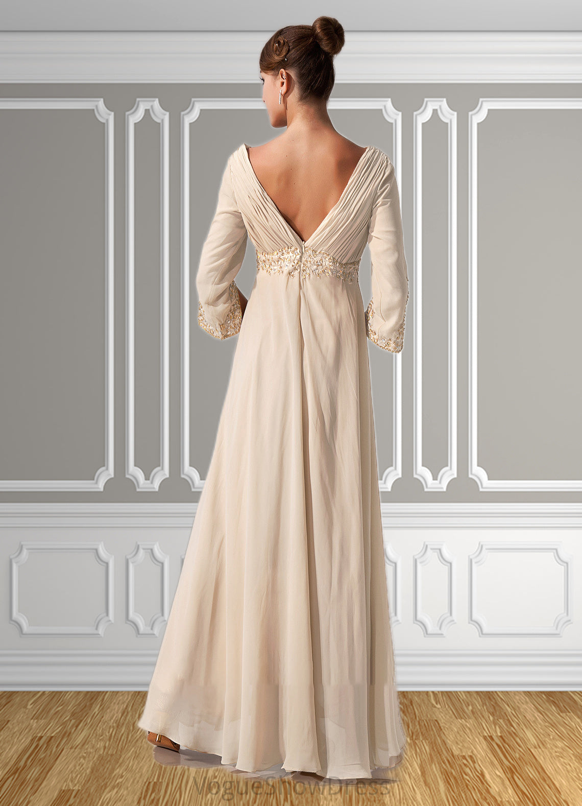 Teagan Empire V-neck Floor-Length Chiffon Mother of the Bride Dress With Ruffle Beading DL126P0014597