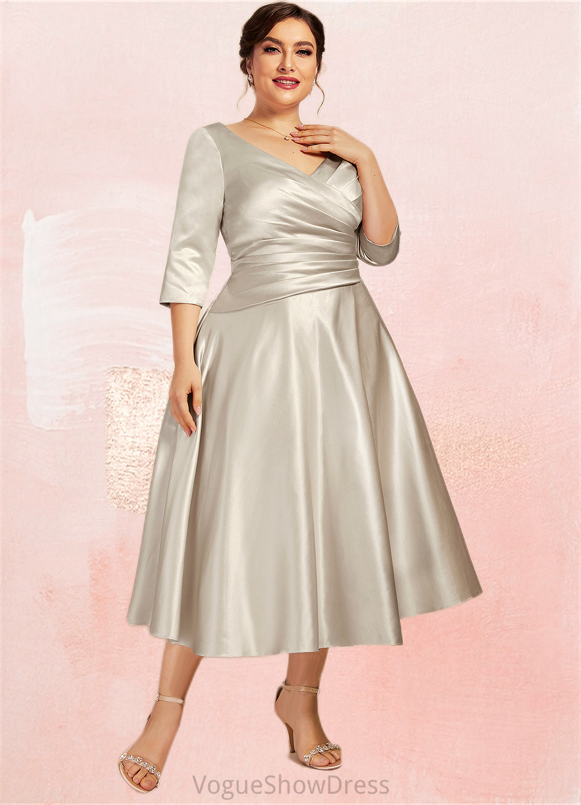 Emilia A-Line V-neck Tea-Length Satin Mother of the Bride Dress With Ruffle DL126P0014598