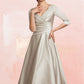 Emilia A-Line V-neck Tea-Length Satin Mother of the Bride Dress With Ruffle DL126P0014598