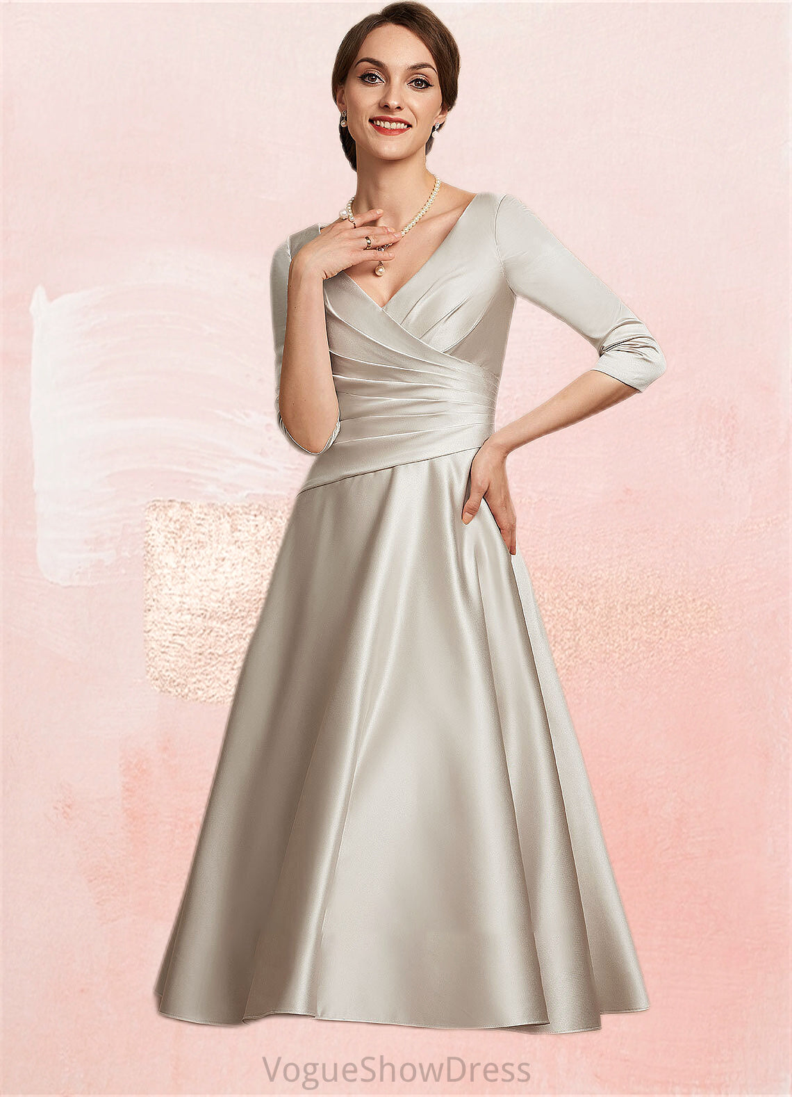 Emilia A-Line V-neck Tea-Length Satin Mother of the Bride Dress With Ruffle DL126P0014598