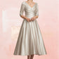 Emilia A-Line V-neck Tea-Length Satin Mother of the Bride Dress With Ruffle DL126P0014598