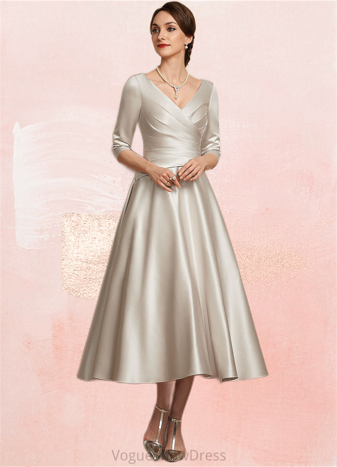 Emilia A-Line V-neck Tea-Length Satin Mother of the Bride Dress With Ruffle DL126P0014598