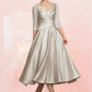 Emilia A-Line V-neck Tea-Length Satin Mother of the Bride Dress With Ruffle DL126P0014598