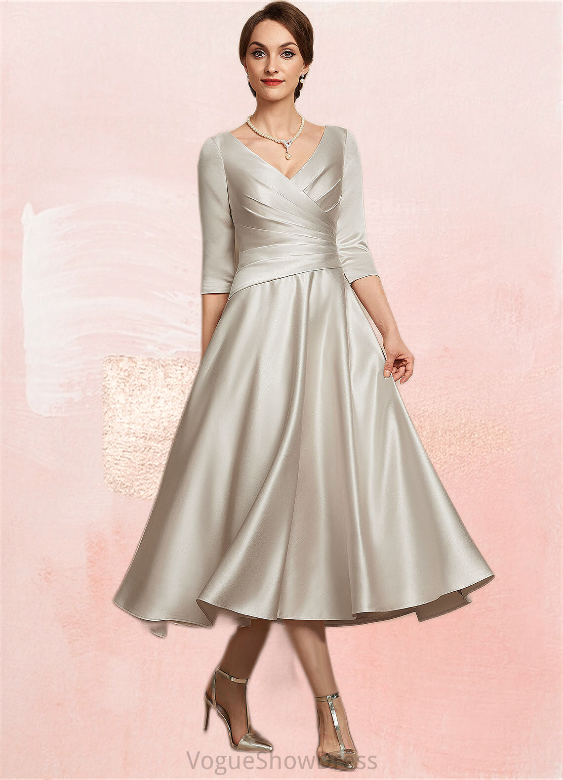 Emilia A-Line V-neck Tea-Length Satin Mother of the Bride Dress With Ruffle DL126P0014598