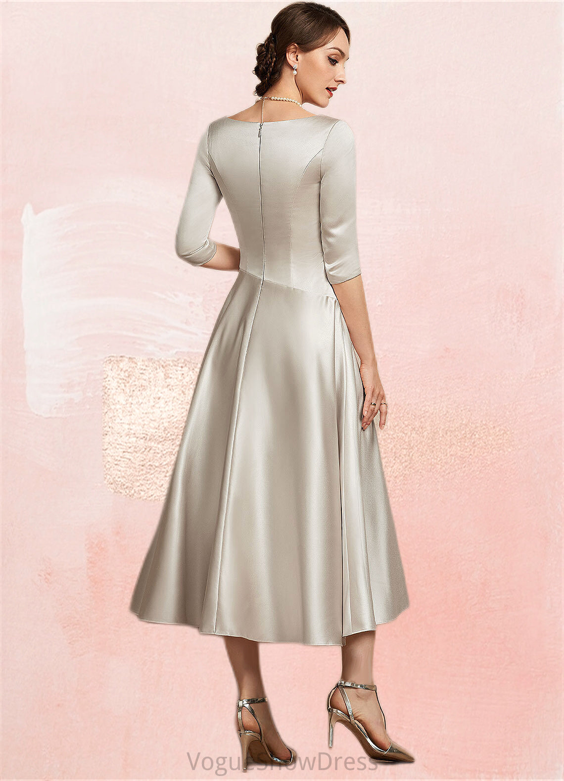 Emilia A-Line V-neck Tea-Length Satin Mother of the Bride Dress With Ruffle DL126P0014598