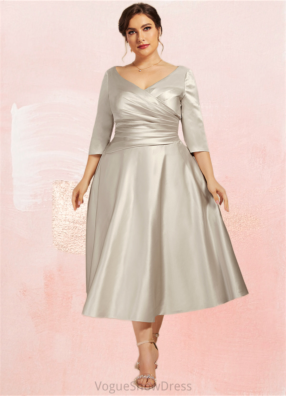 Emilia A-Line V-neck Tea-Length Satin Mother of the Bride Dress With Ruffle DL126P0014598