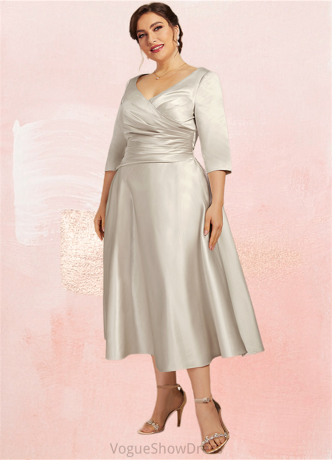 Emilia A-Line V-neck Tea-Length Satin Mother of the Bride Dress With Ruffle DL126P0014598