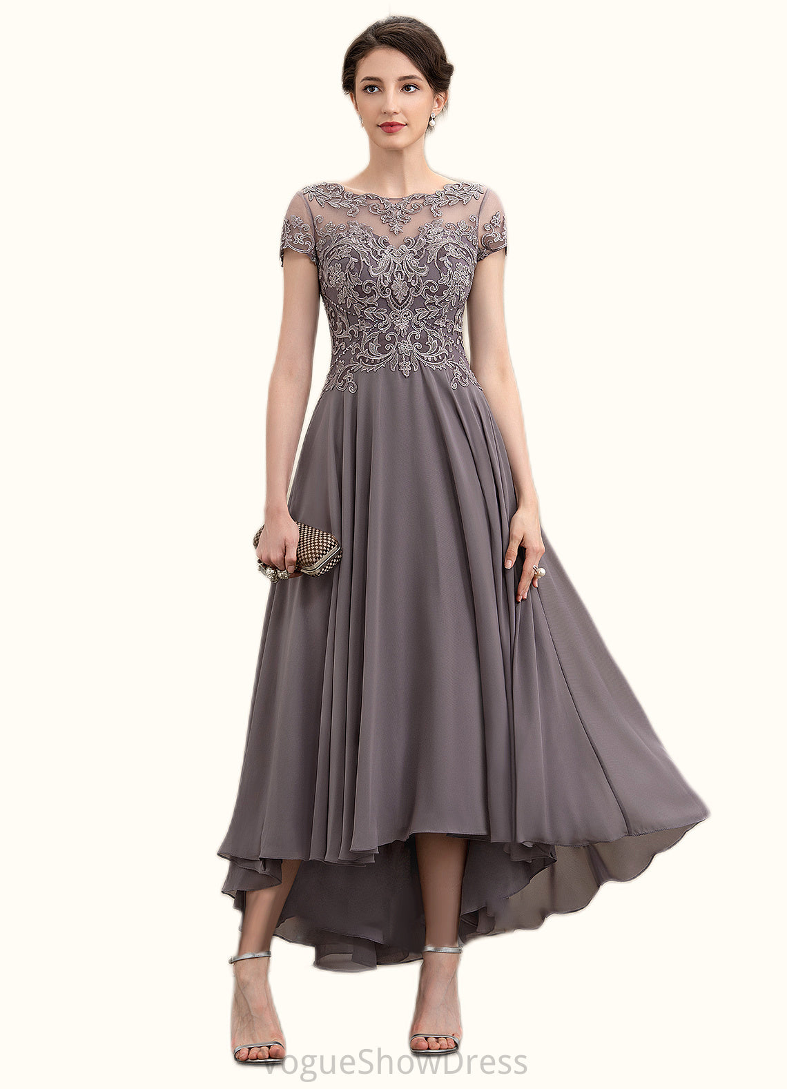 Lilianna A-Line Scoop Neck Asymmetrical Chiffon Lace Mother of the Bride Dress With Beading Sequins DL126P0014599