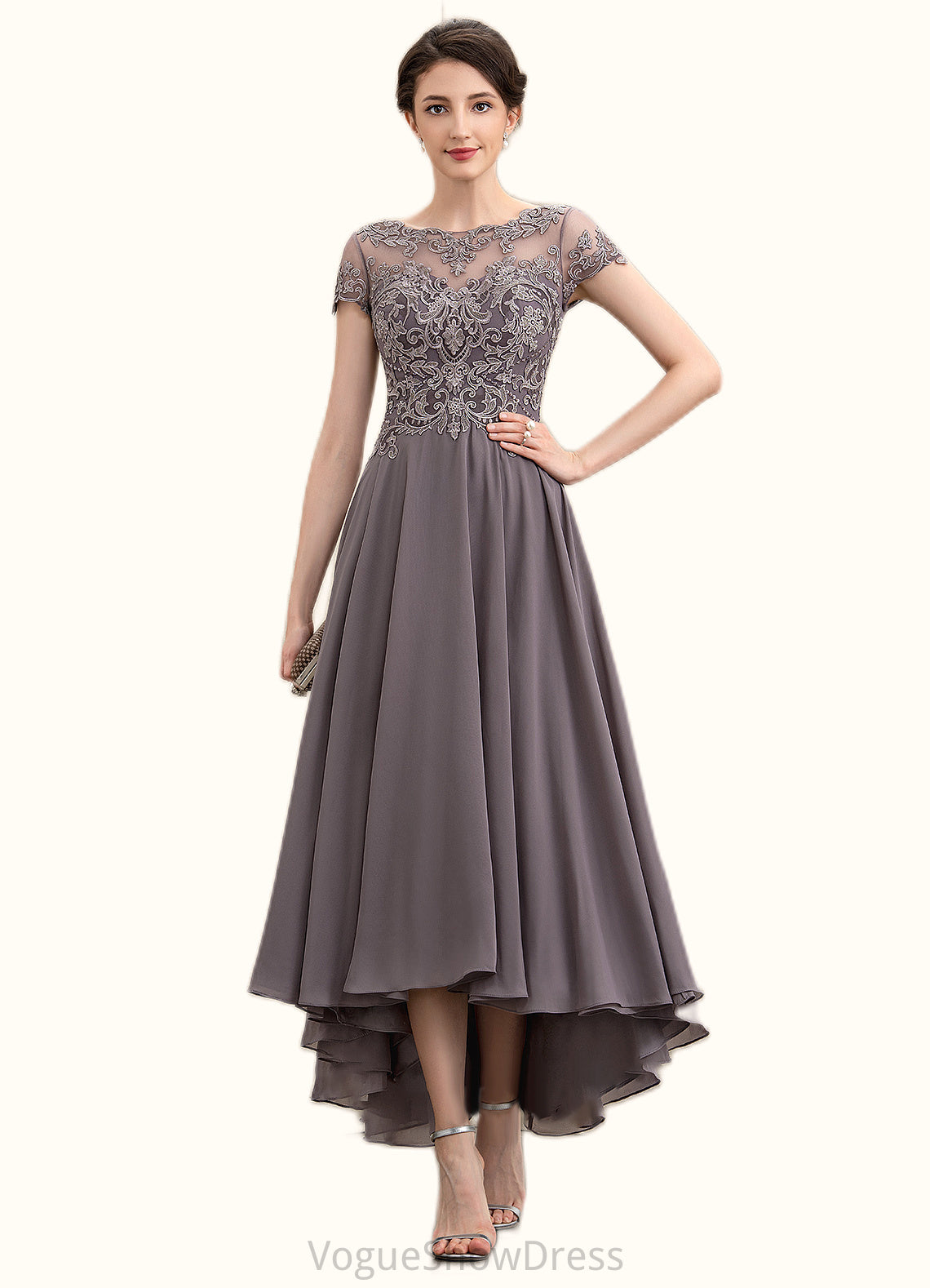 Lilianna A-Line Scoop Neck Asymmetrical Chiffon Lace Mother of the Bride Dress With Beading Sequins DL126P0014599