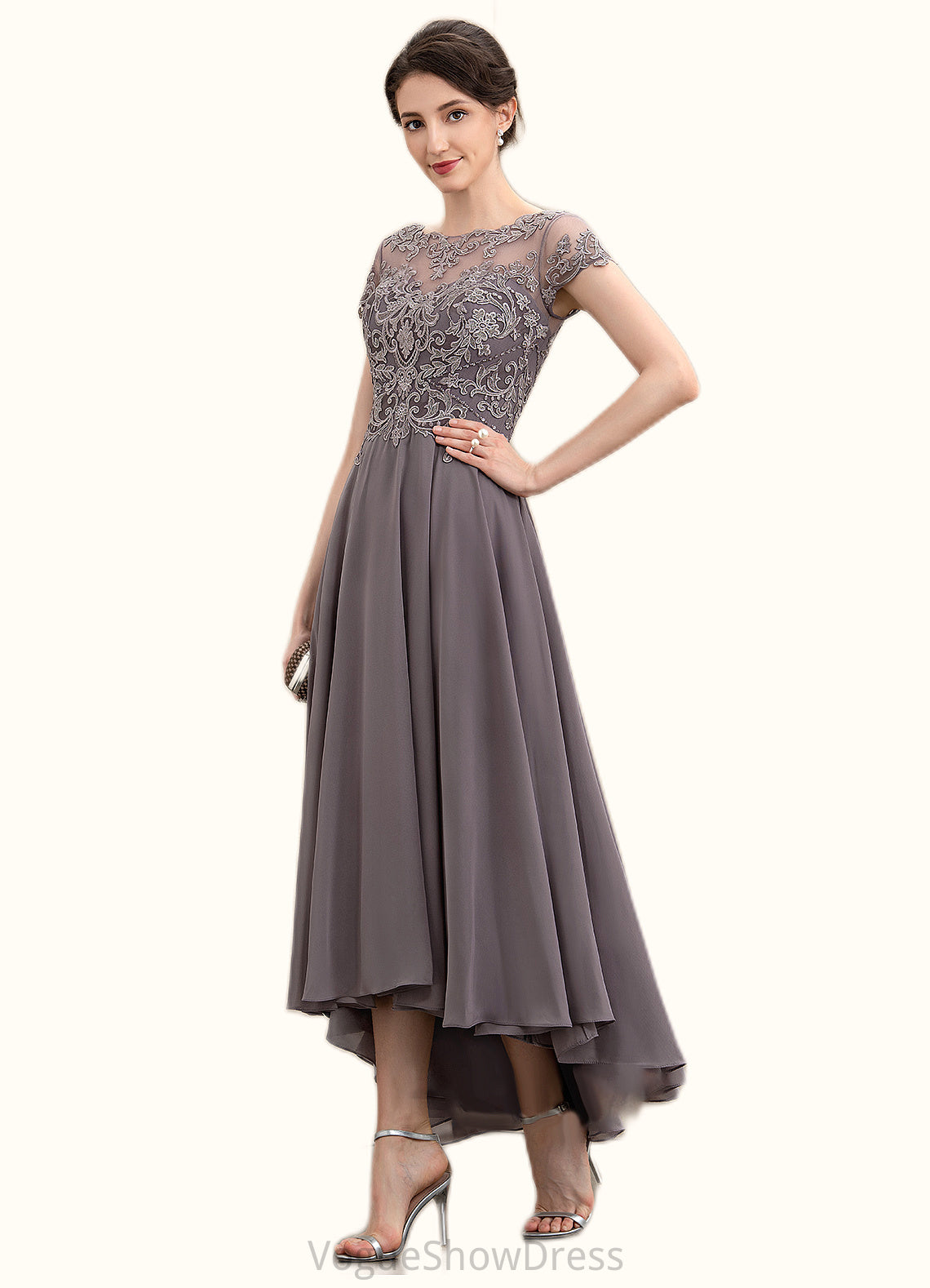 Lilianna A-Line Scoop Neck Asymmetrical Chiffon Lace Mother of the Bride Dress With Beading Sequins DL126P0014599