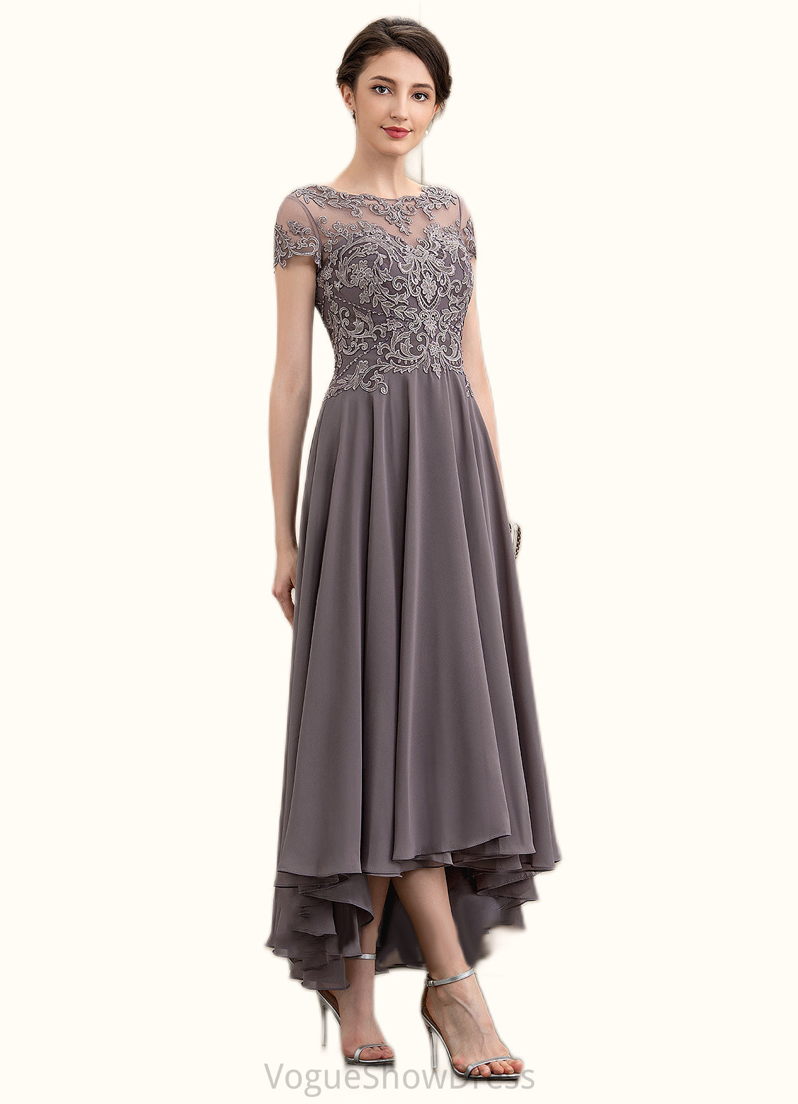 Lilianna A-Line Scoop Neck Asymmetrical Chiffon Lace Mother of the Bride Dress With Beading Sequins DL126P0014599