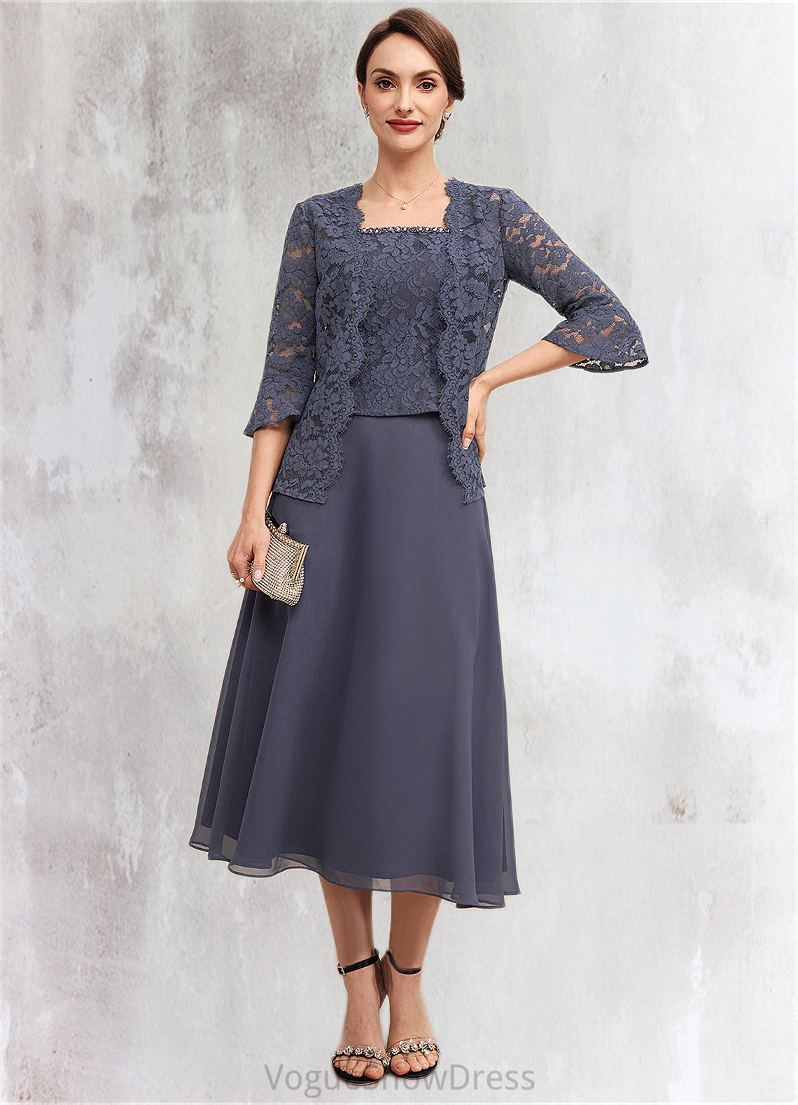 Eliana A-Line Square Neckline Tea-Length Chiffon Lace Mother of the Bride Dress With Beading DL126P0014601