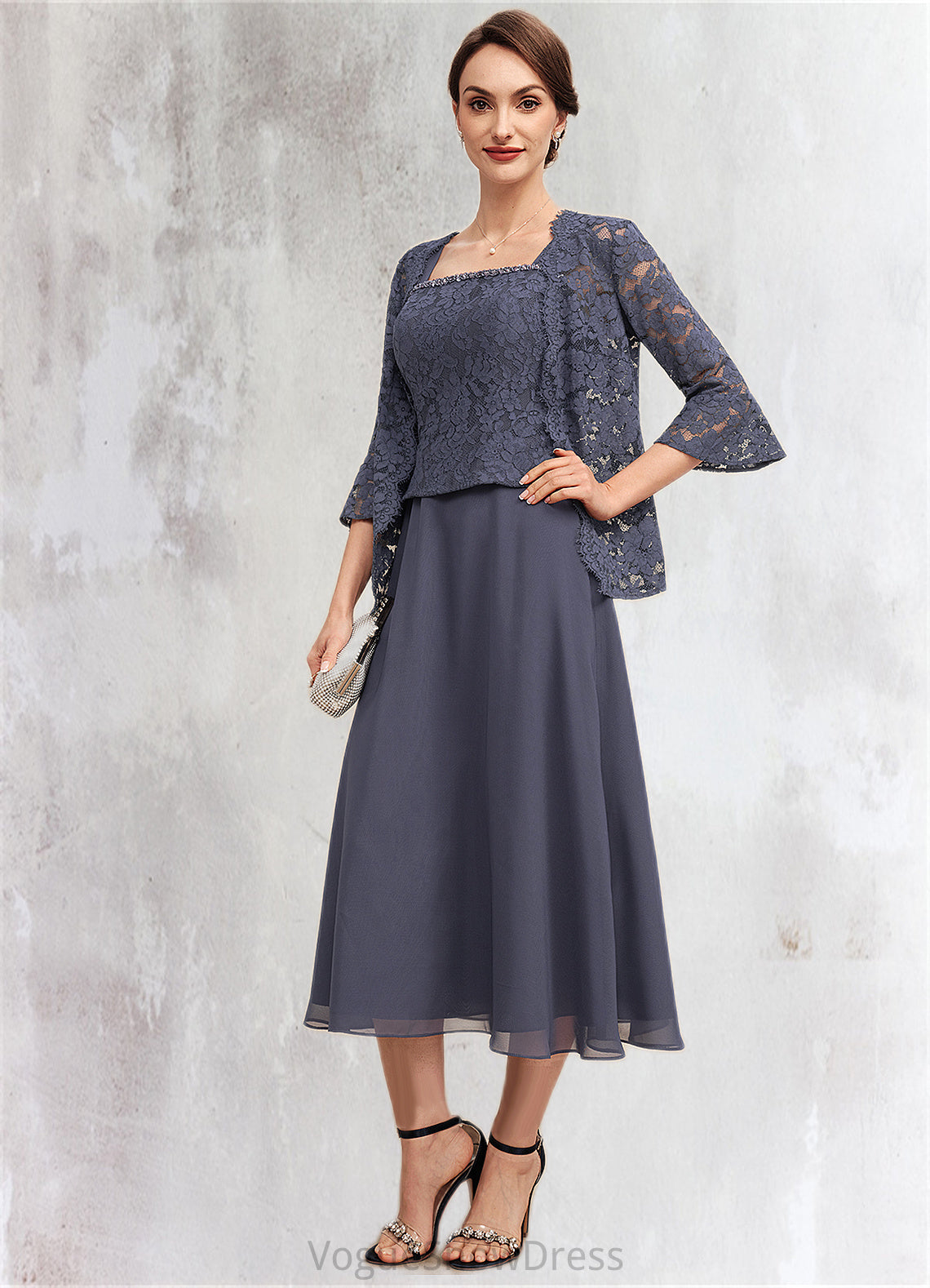 Eliana A-Line Square Neckline Tea-Length Chiffon Lace Mother of the Bride Dress With Beading DL126P0014601