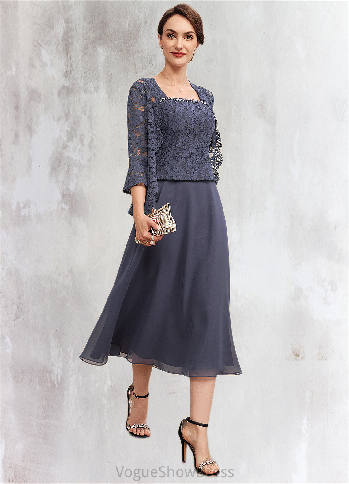 Eliana A-Line Square Neckline Tea-Length Chiffon Lace Mother of the Bride Dress With Beading DL126P0014601