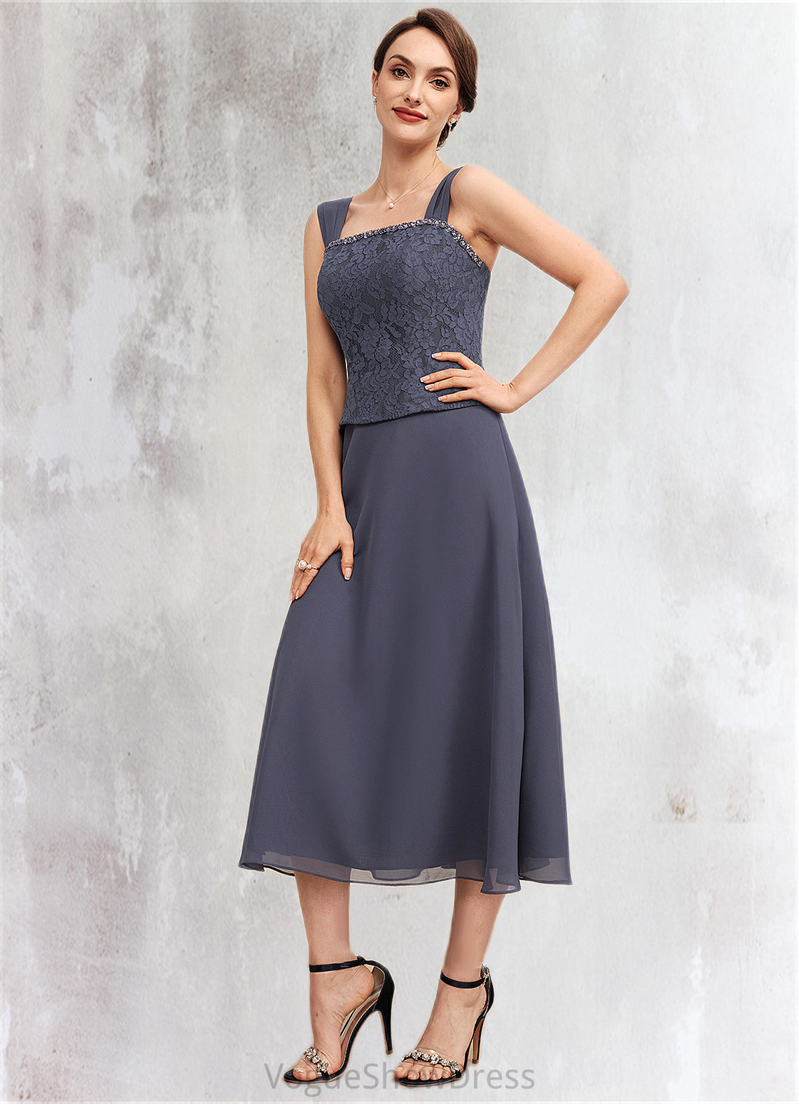 Eliana A-Line Square Neckline Tea-Length Chiffon Lace Mother of the Bride Dress With Beading DL126P0014601