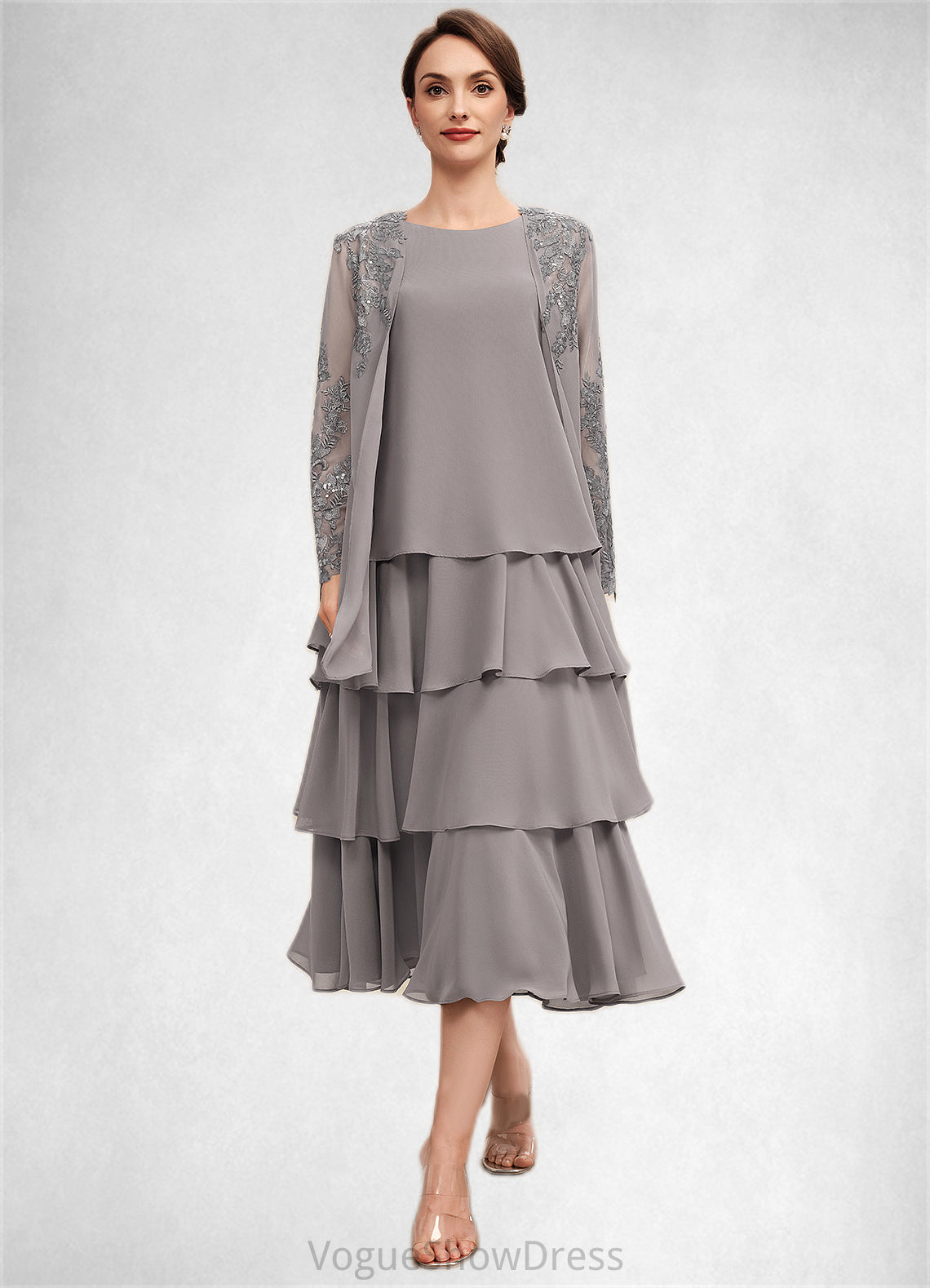 Reagan A-Line Scoop Neck Tea-Length Chiffon Mother of the Bride Dress With Cascading Ruffles DL126P0014603