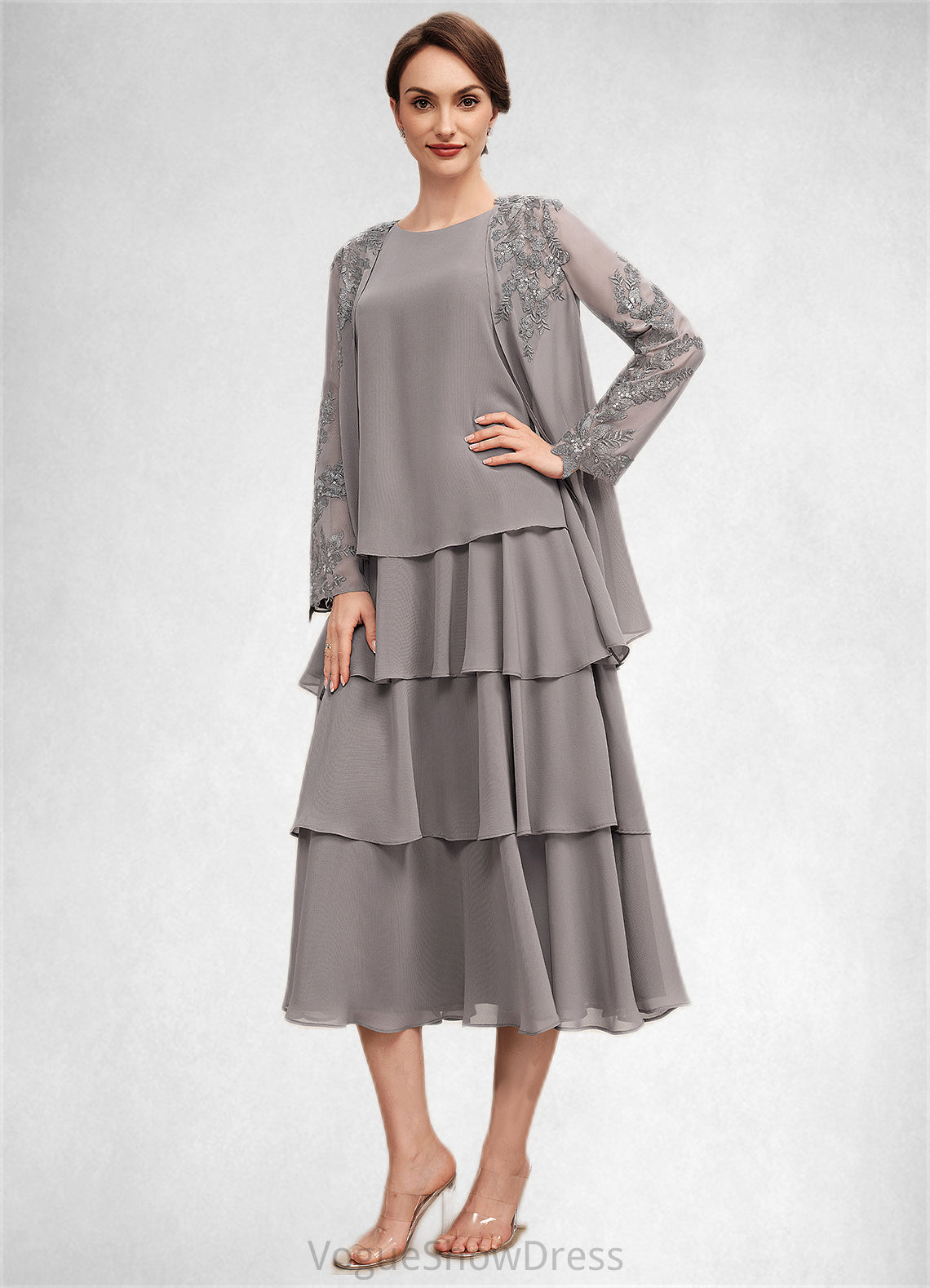 Reagan A-Line Scoop Neck Tea-Length Chiffon Mother of the Bride Dress With Cascading Ruffles DL126P0014603