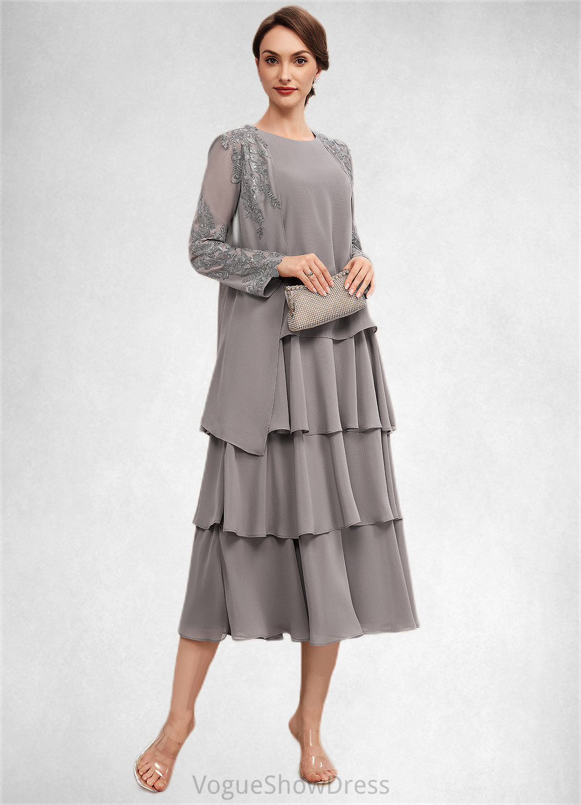 Reagan A-Line Scoop Neck Tea-Length Chiffon Mother of the Bride Dress With Cascading Ruffles DL126P0014603