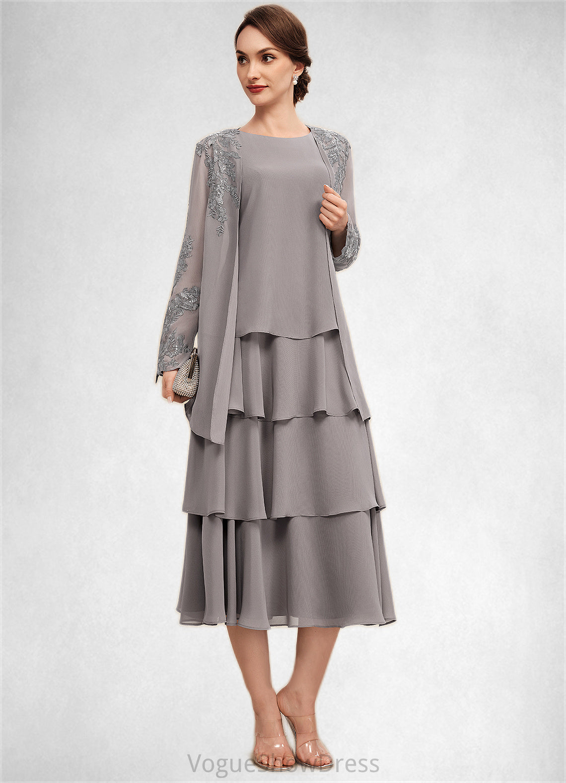 Reagan A-Line Scoop Neck Tea-Length Chiffon Mother of the Bride Dress With Cascading Ruffles DL126P0014603