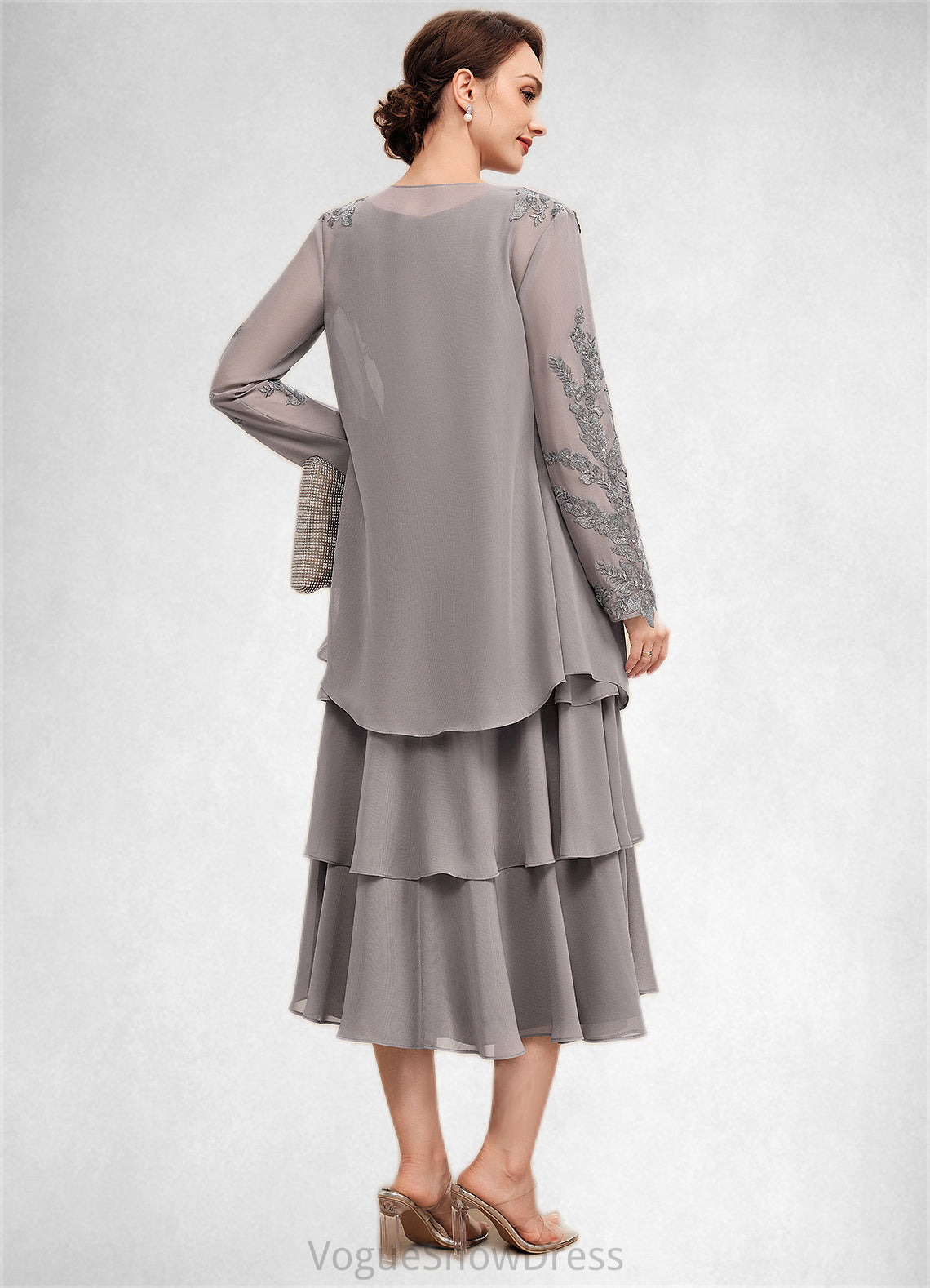 Reagan A-Line Scoop Neck Tea-Length Chiffon Mother of the Bride Dress With Cascading Ruffles DL126P0014603