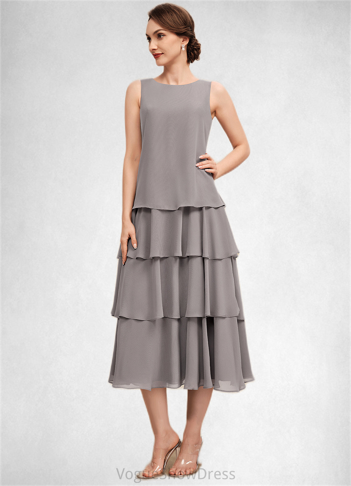 Reagan A-Line Scoop Neck Tea-Length Chiffon Mother of the Bride Dress With Cascading Ruffles DL126P0014603