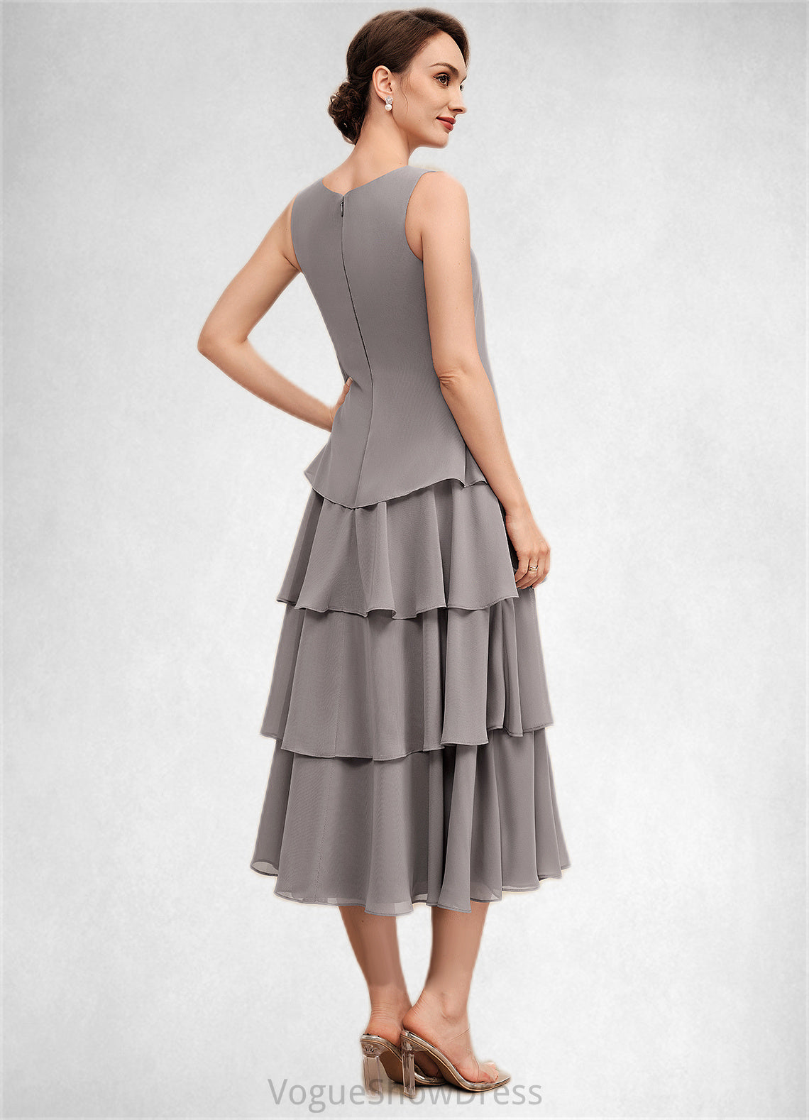 Reagan A-Line Scoop Neck Tea-Length Chiffon Mother of the Bride Dress With Cascading Ruffles DL126P0014603