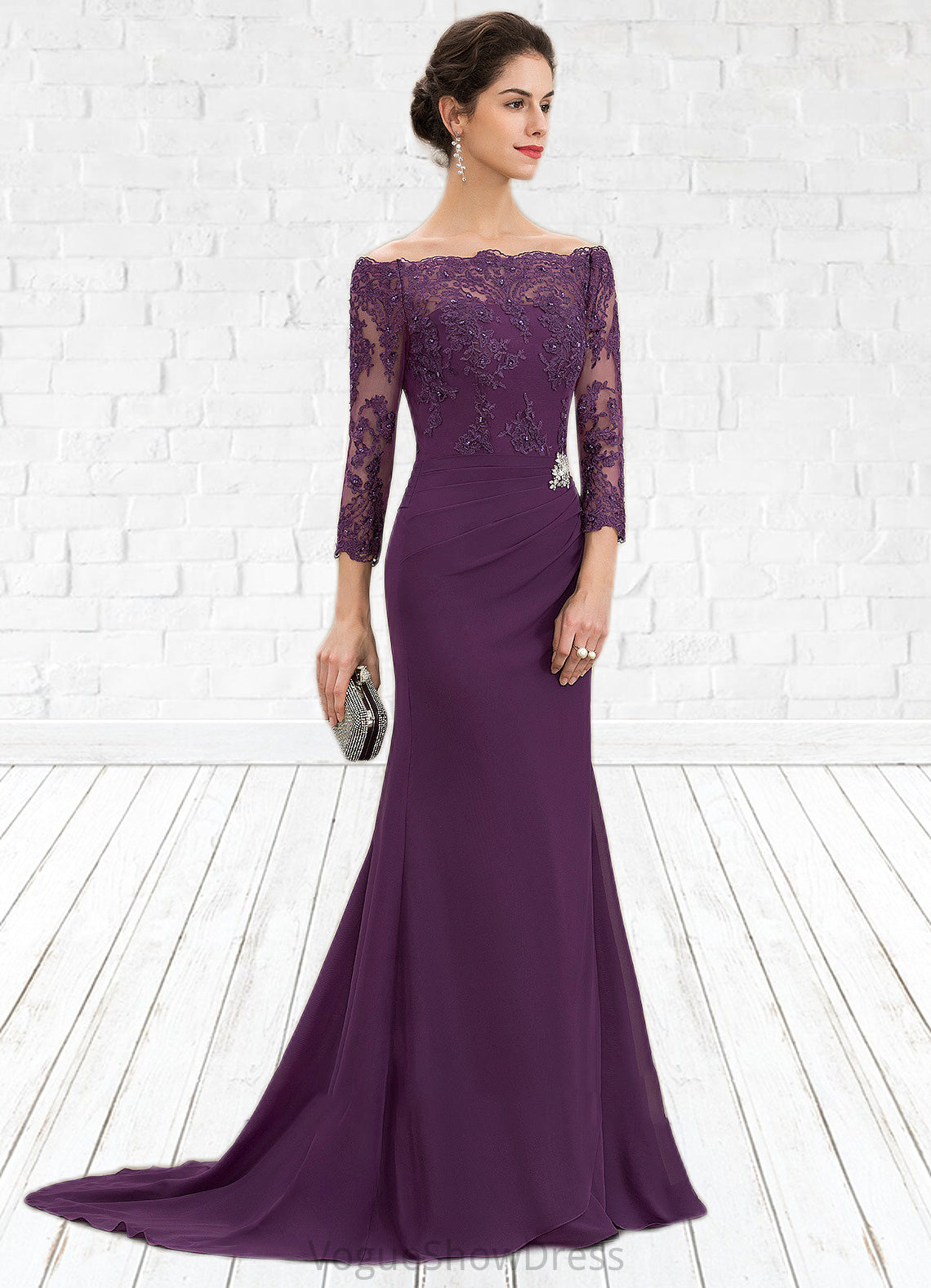 Chasity Trumpet/Mermaid Off-the-Shoulder Sweep Train Chiffon Lace Mother of the Bride Dress With Beading Sequins DL126P0014604