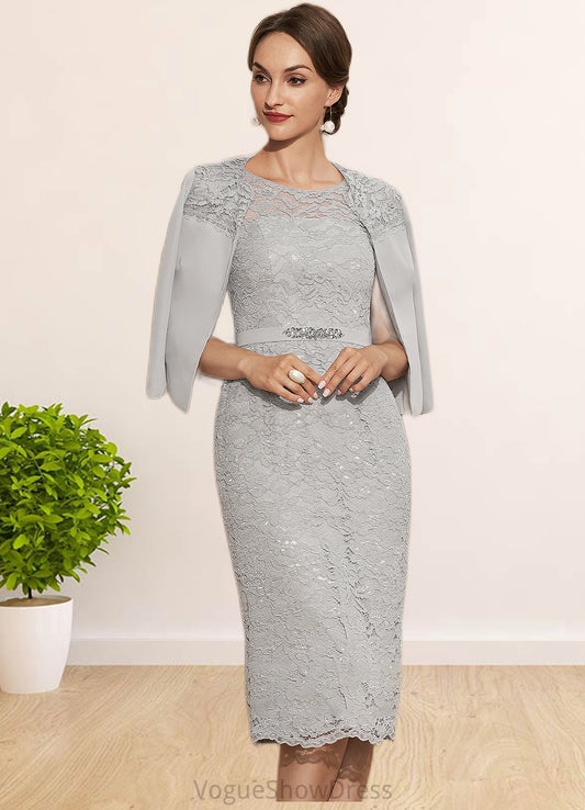 Maggie Sheath/Column Scoop Neck Knee-Length Chiffon Lace Mother of the Bride Dress With Beading DL126P0014605