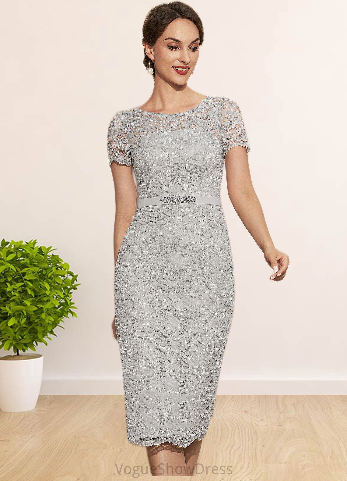 Maggie Sheath/Column Scoop Neck Knee-Length Chiffon Lace Mother of the Bride Dress With Beading DL126P0014605