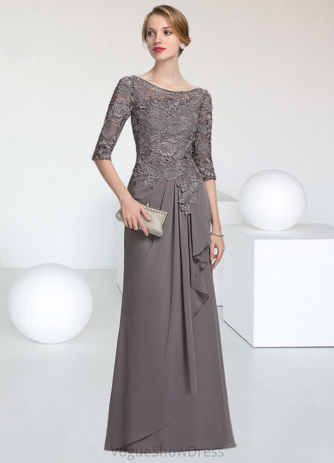 Eleanor A-Line Scoop Neck Floor-Length Chiffon Lace Mother of the Bride Dress With Cascading Ruffles DL126P0014608