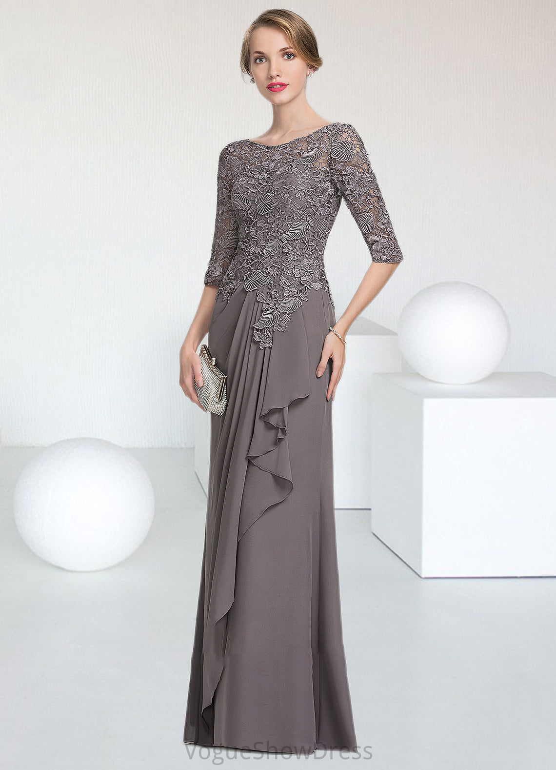 Eleanor A-Line Scoop Neck Floor-Length Chiffon Lace Mother of the Bride Dress With Cascading Ruffles DL126P0014608