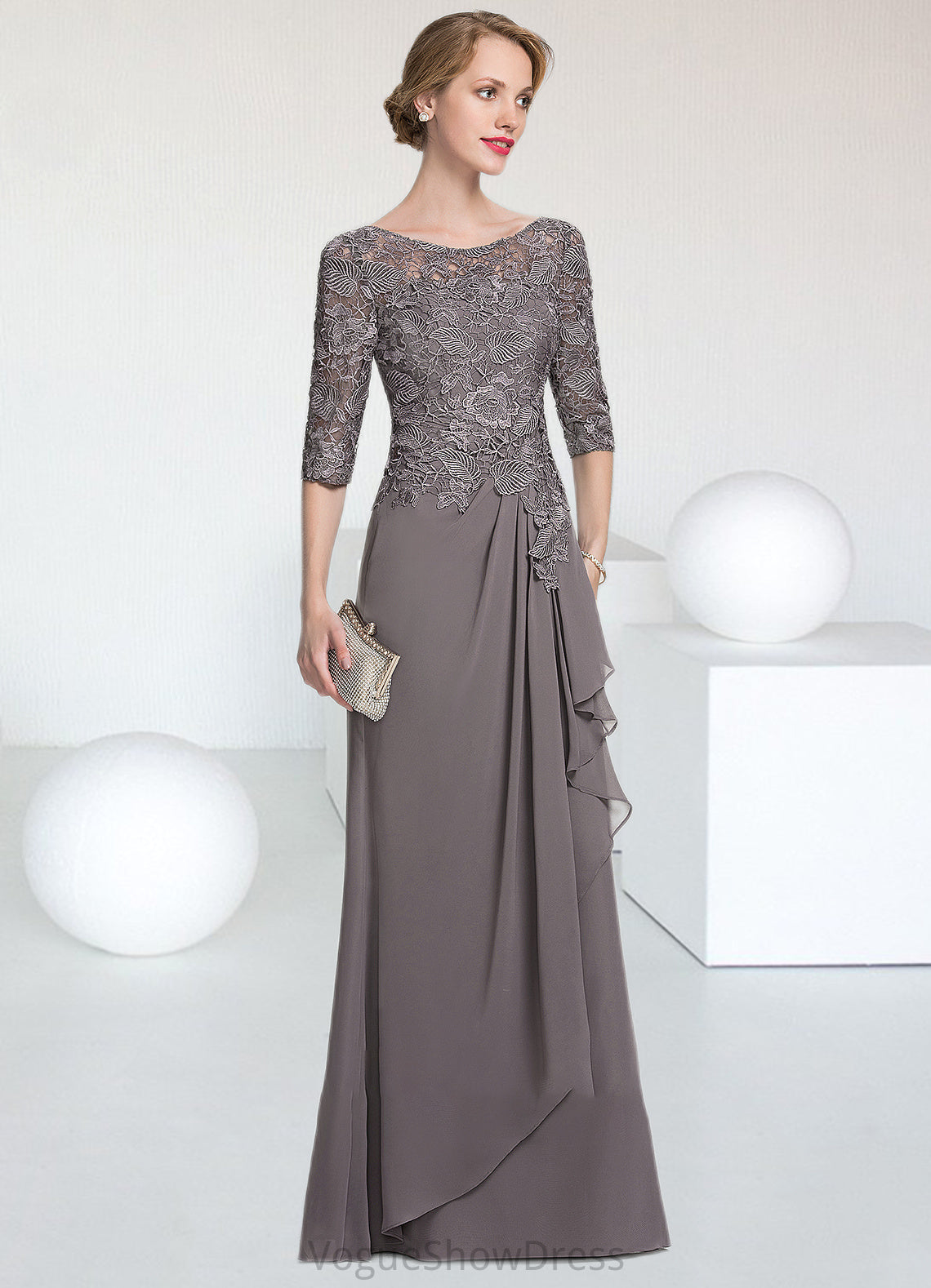 Eleanor A-Line Scoop Neck Floor-Length Chiffon Lace Mother of the Bride Dress With Cascading Ruffles DL126P0014608