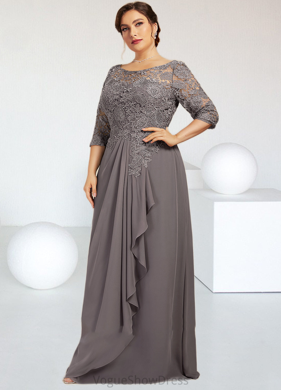 Eleanor A-Line Scoop Neck Floor-Length Chiffon Lace Mother of the Bride Dress With Cascading Ruffles DL126P0014608