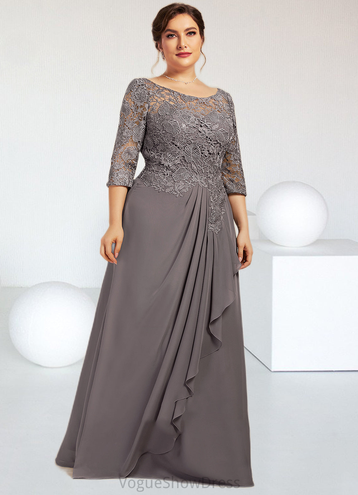 Eleanor A-Line Scoop Neck Floor-Length Chiffon Lace Mother of the Bride Dress With Cascading Ruffles DL126P0014608