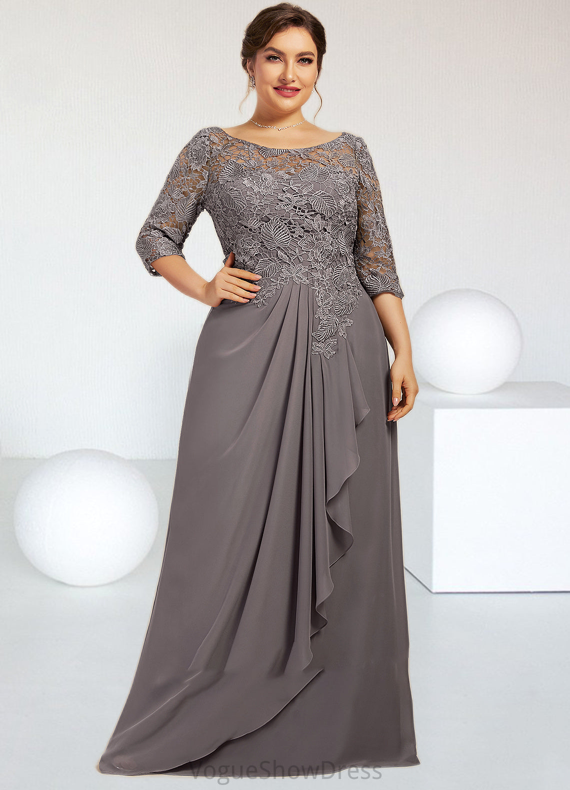 Eleanor A-Line Scoop Neck Floor-Length Chiffon Lace Mother of the Bride Dress With Cascading Ruffles DL126P0014608