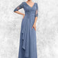 Bella A-Line V-neck Floor-Length Chiffon Lace Mother of the Bride Dress With Cascading Ruffles DL126P0014609