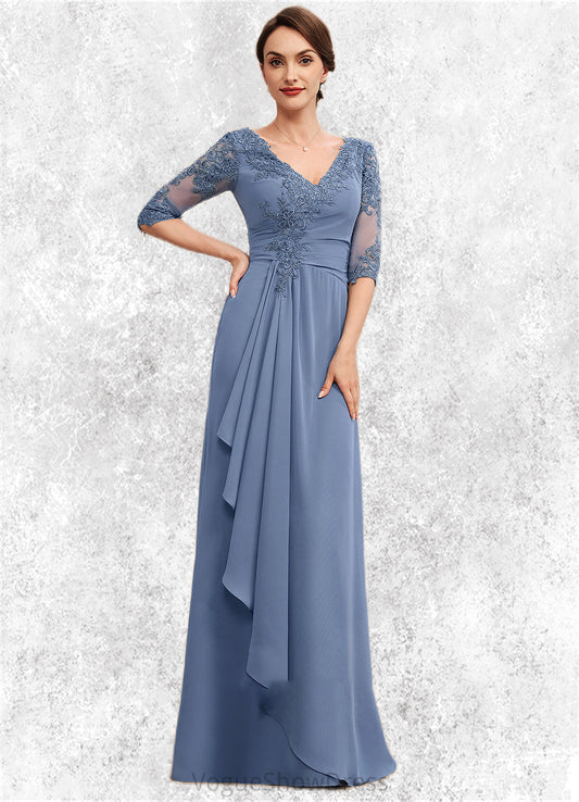 Bella A-Line V-neck Floor-Length Chiffon Lace Mother of the Bride Dress With Cascading Ruffles DL126P0014609