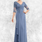 Bella A-Line V-neck Floor-Length Chiffon Lace Mother of the Bride Dress With Cascading Ruffles DL126P0014609