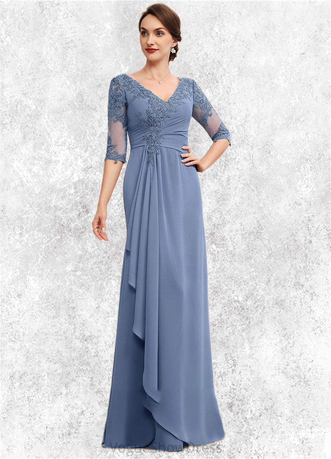 Bella A-Line V-neck Floor-Length Chiffon Lace Mother of the Bride Dress With Cascading Ruffles DL126P0014609