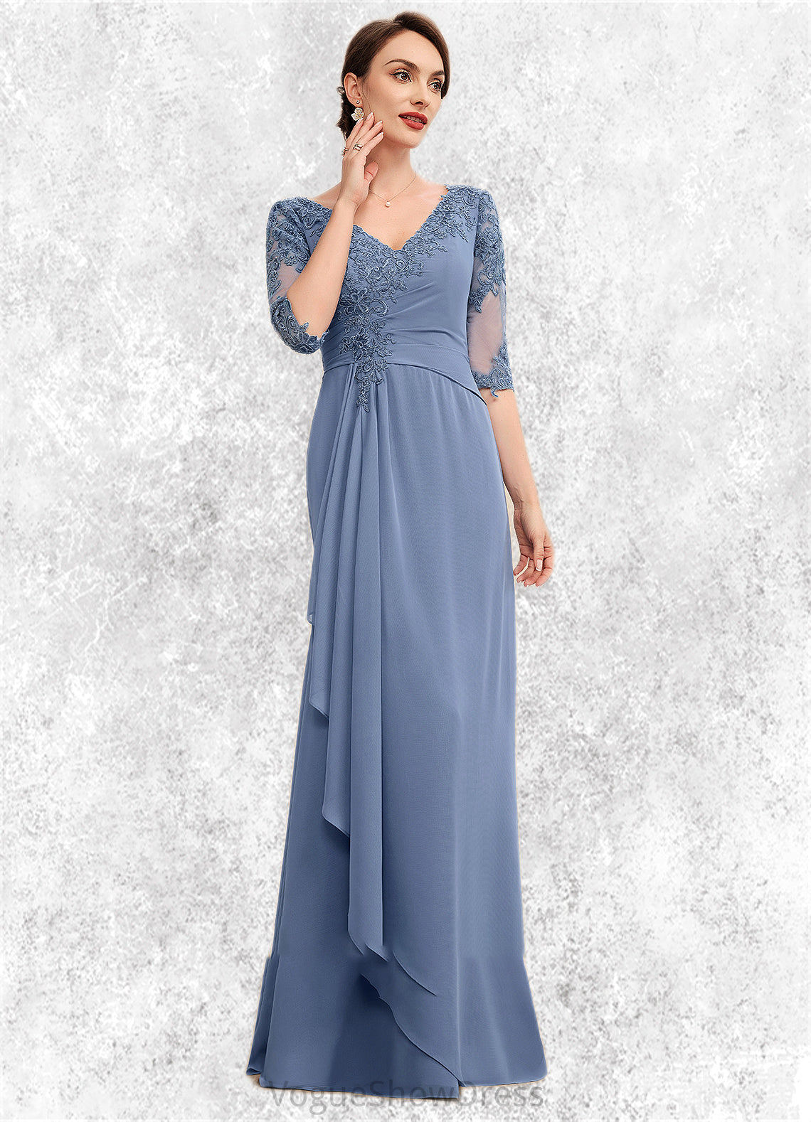 Bella A-Line V-neck Floor-Length Chiffon Lace Mother of the Bride Dress With Cascading Ruffles DL126P0014609