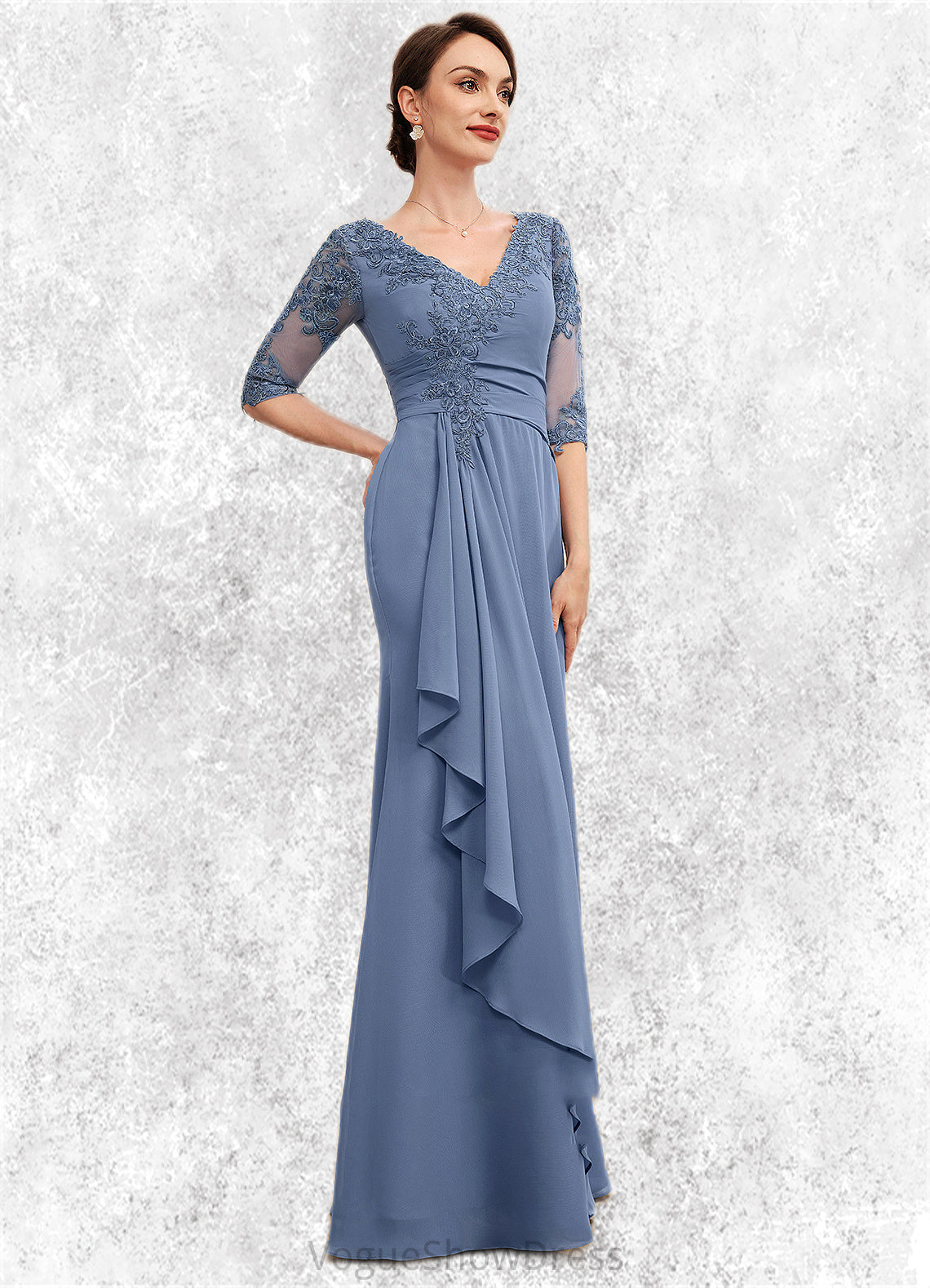 Bella A-Line V-neck Floor-Length Chiffon Lace Mother of the Bride Dress With Cascading Ruffles DL126P0014609