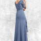 Bella A-Line V-neck Floor-Length Chiffon Lace Mother of the Bride Dress With Cascading Ruffles DL126P0014609