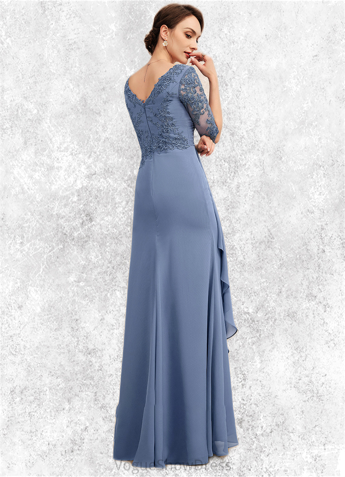 Bella A-Line V-neck Floor-Length Chiffon Lace Mother of the Bride Dress With Cascading Ruffles DL126P0014609